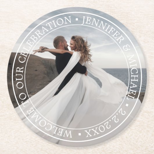 elegantes minimales typografisches Begrüßungs-Foto Runder Pappuntersetzer (Vorderseite)