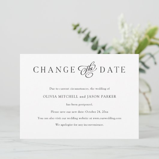 Elegantes Minimalistisch| Hochzeit ändern Datum Einladung (Stehend Vorderseite)
