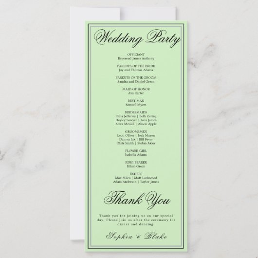 Elegantes Minimalistisch Tea Green Wedding Program (Rückseite)