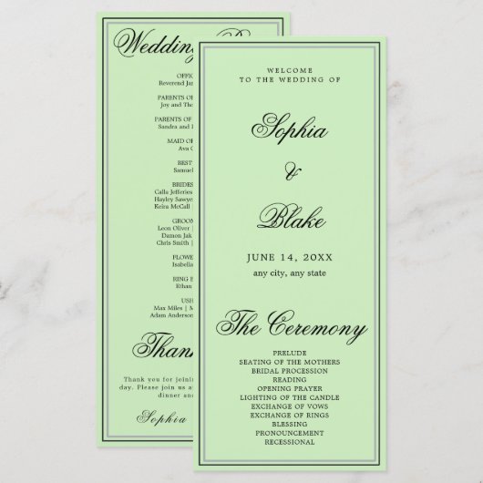 Elegantes Minimalistisch Tea Green Wedding Program (Vorne/Hinten)