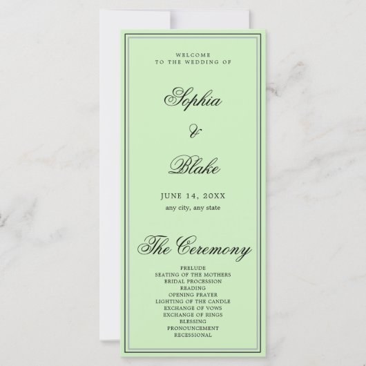 Elegantes Minimalistisch Tea Green Wedding Program (Vorderseite)