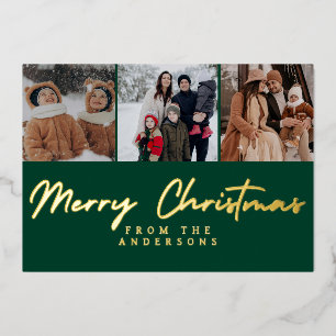 Elegantes minimalistisches 3-Foto-Layout Familie W Folien Feiertagskarte