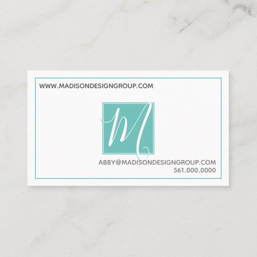 Elegantes Minimalistisches Aqua + Script #Monogram Visitenkarte (Rückseite)