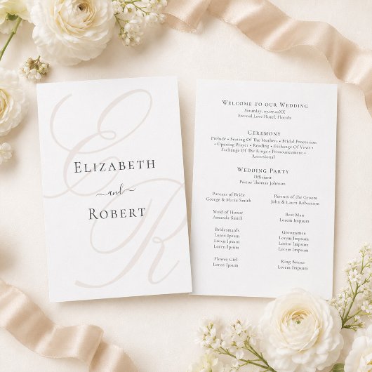 Elegantes Minimalistisches Beige Monogram Wedding Programm