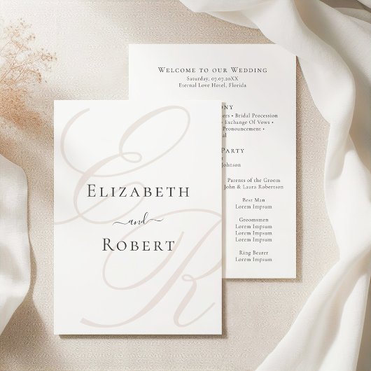 Elegantes Minimalistisches Beige Monogram Wedding  Programm