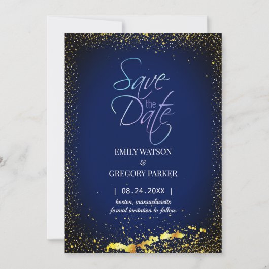 Elegantes, minimalistisches blaues Gold Save the D Date (Vorderseite)