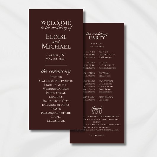 Elegantes Minimalistisches Braun-Hochzeitsprogramm