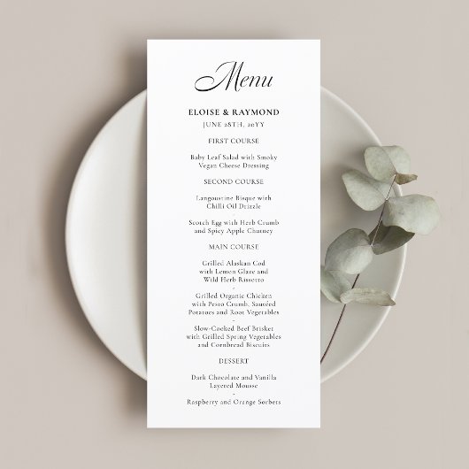Elegantes Minimalistisches Calligrafy White Weddin Menükarte