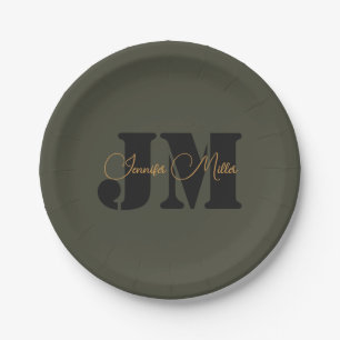 Elegantes minimalistisches dunkles Oliven-Monogram Pappteller