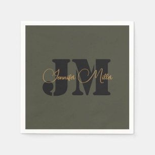 Elegantes minimalistisches dunkles Oliven-Monogram Serviette