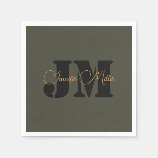 Elegantes minimalistisches dunkles Oliven-Monogram Serviette (Vorderseite)