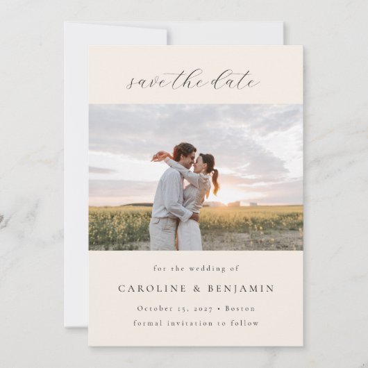 Elegantes Minimalistisches Elfenbeinskript Hochzei Save The Date (Vorderseite)