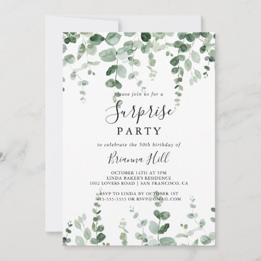 Elegantes Minimalistisches Eukalyptus Überraschung Einladung (Vorderseite)
