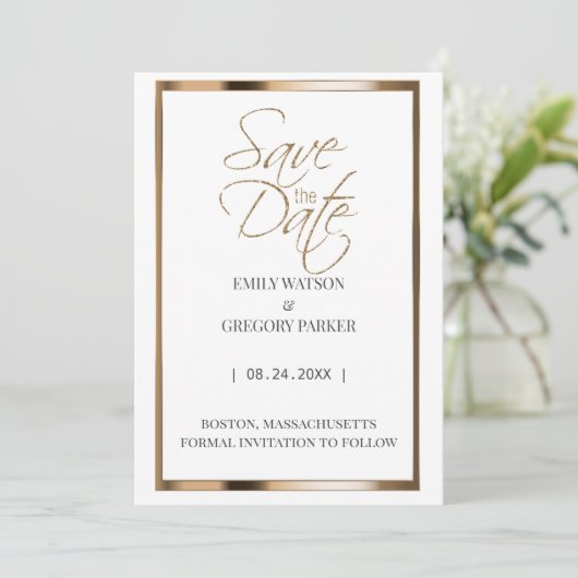 Elegantes, minimalistisches Gold Save the Date (Stehend Vorderseite)