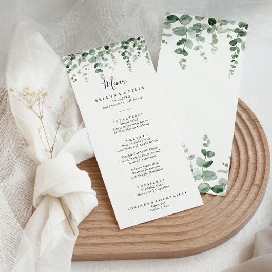 Elegantes Minimalistisches Green Eucalyptus Dinner Menükarte