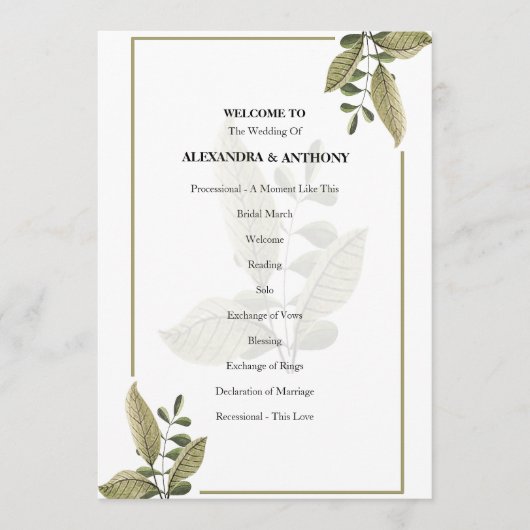 Elegantes minimalistisches Grün-Hochzeitsprogramm Programm (Vorderseite)