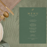 Elegantes Minimalistisches Hochzeitsmenü in Grün u Menükarte<br><div class="desc">Ein elegantes extravagantes und edles Dinner-Menü mit edlem Gold und grünem Chic. Die Linie Kunst rustikalen Eukalyptus Blattgold und smaragdgrünen Hintergrund mit Namen von Mann und Ehefrau und Datum. In der Goldskripttypografie. Klicken Sie auf die Schaltfläche PERSONALISIEREN.</div>