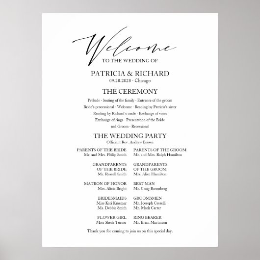 Elegantes Minimalistisches Hochzeitsprogramm Poster (Vorne)