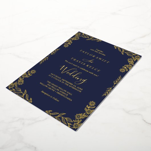 Elegantes Minimalistisches Leaf |Gold Foil Navy Bl Folieneinladung (Gedreht)