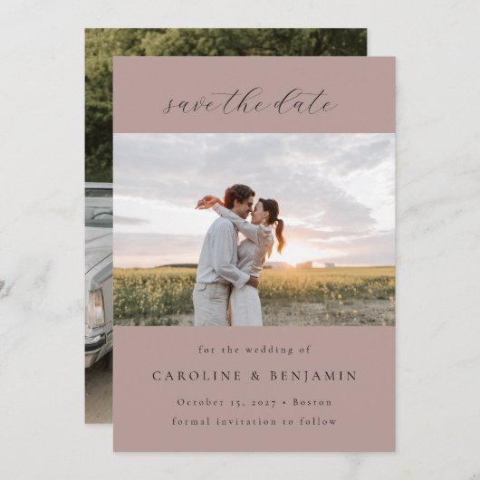Elegantes Minimalistisches Mauve Script Wedding Tw Save The Date (Vorne/Hinten)