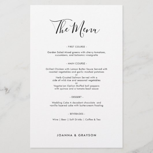 Elegantes Minimalistisches modernes Hochzeitsmenü (Vorderseite)