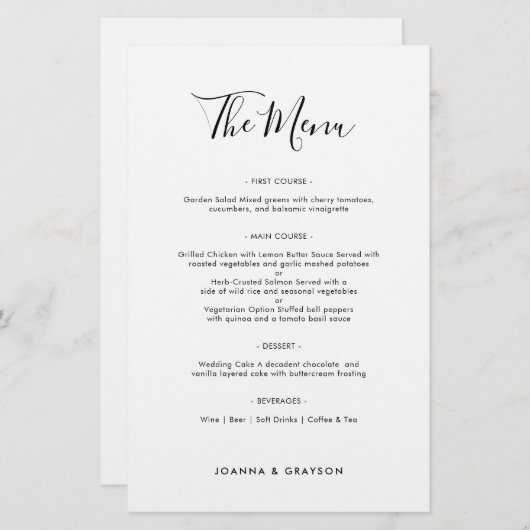 Elegantes Minimalistisches modernes Hochzeitsmenü (Vorne/Hinten)