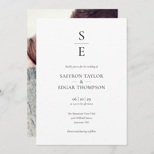 Elegantes Minimalistisches Monogram Initials Foto  Einladung (Vorne/Hinten)