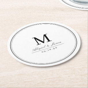 Elegantes, minimalistisches Monogramm in Schwarz-W Runder Pappuntersetzer