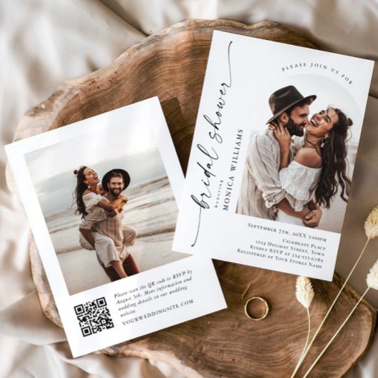 Elegantes Minimalistisches QR-Code-2-FOTO-Brautpar Einladung