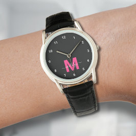 Elegantes Minimalistisches Schwarz-Rosa Monogramm Armbanduhr