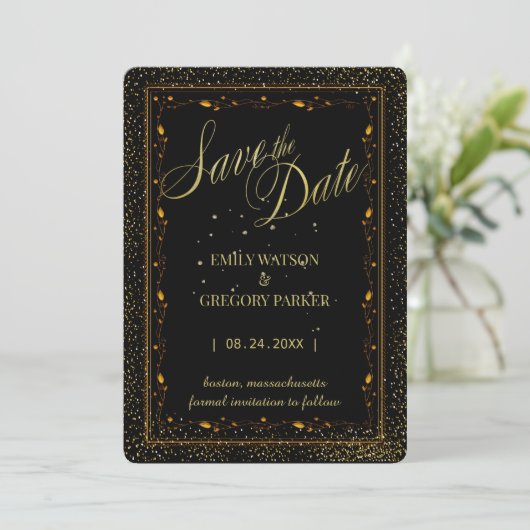 Elegantes Minimalistisches Schwarz und Gold Save t Save The Date (Stehend Vorderseite)