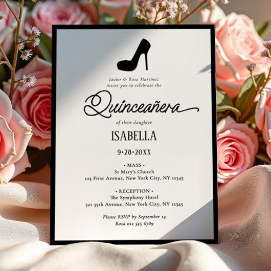 Elegantes Minimalistisches Schwarz & Weiß Quinceñe Einladung