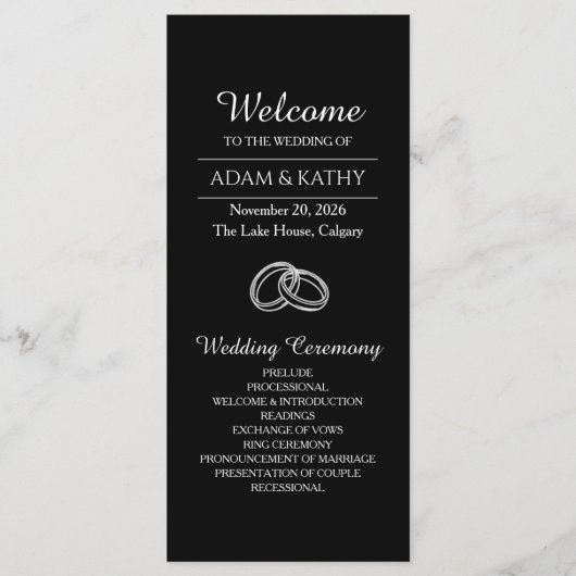 Elegantes minimalistisches schwarz-weißes Hochzeit Programm (Vorderseite)