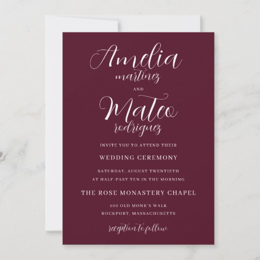 Elegantes Minimalistisches Script Burgundy Wedding Einladung (Vorderseite)