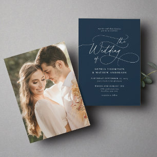 Elegantes Minimalistisches Script Navy Blue Foto H Einladung