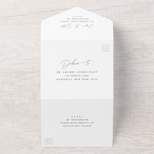 Elegantes Minimalistisches Script Schwarz und Weiß All In One Einladung (Außenbereich)