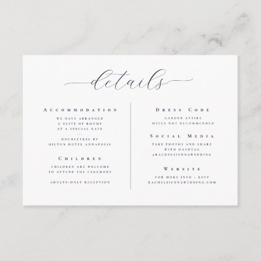 Elegantes Minimalistisches Skript Hochzeitsdetails Begleitkarte (Vorderseite)
