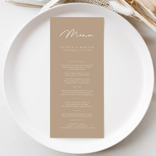 Elegantes Minimalistisches Taupe Wedding Menu Menükarte