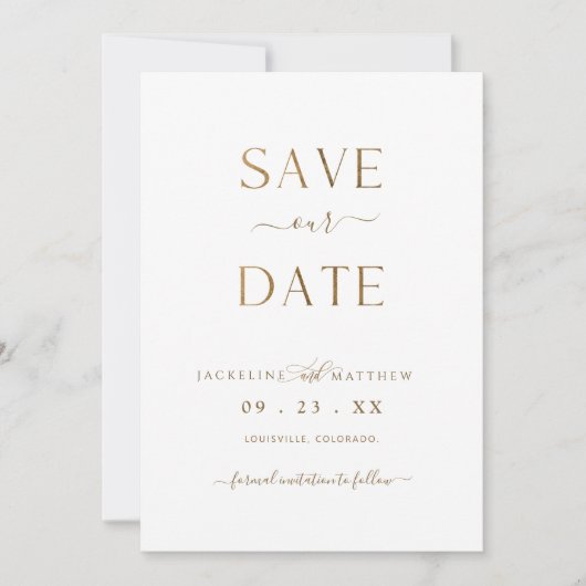 Elegantes Minimalistisches Weiß und Gold, Hochzeit Save The Date (Vorderseite)