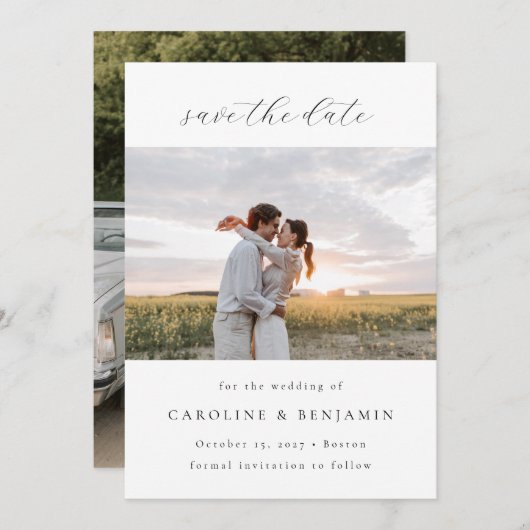 Elegantes Minimalistisches White Script Hochzeit z Save The Date (Vorne/Hinten)