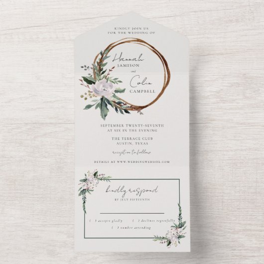 Elegantes Minimalistisches Winterreath Weiß Grün All In One Einladung (Innen Boden)