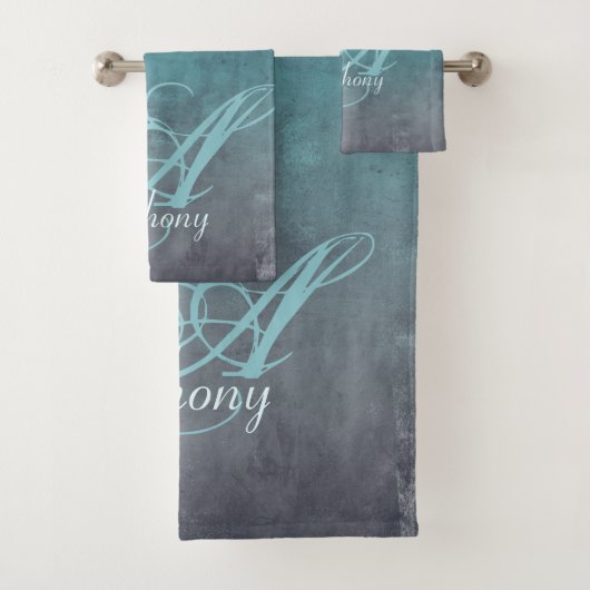 Elegantes Mint Aquamarin Gray rustikales Monogramm Badhandtuch Set (Insitu)