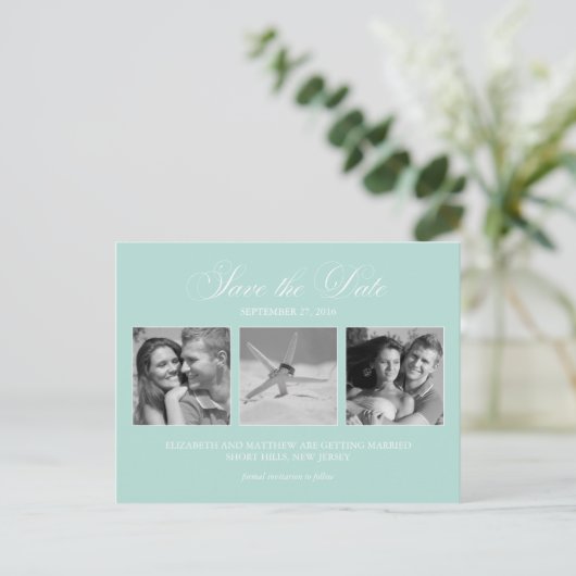 Elegantes Mint Green Foto Hochzeit speichern Sie d Ankündigungspostkarte (Stehend Vorderseite)