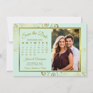 Elegantes Mint Green & Gold Calendar Foto Hochzeit Save The Date