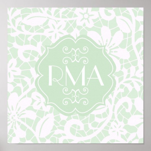 Elegantes Mint Green Lace Personalisiertes Monogra Poster (Vorne)