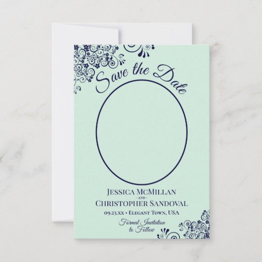Elegantes Mint Green & Navy Blue Oval Foto Hochzei Save The Date (Vorderseite)