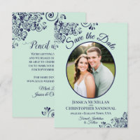 Elegantes Mint Green & Navy Blue Oval Foto Hochzei