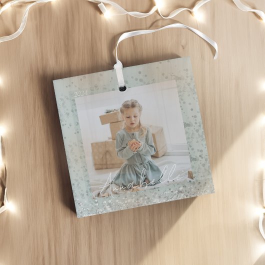 Elegantes Mint Green Silver Glitzer Sparkle Foto Ornament Aus Glas