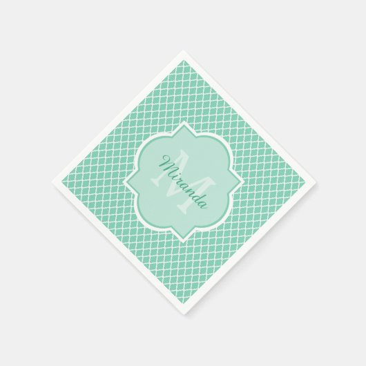 Elegantes Minze grünes Quatrefolienmonogramm mit N Serviette (Ecke)