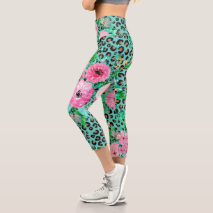 Elegantes Minze Leopard Print und Blumendesign Capri Leggings